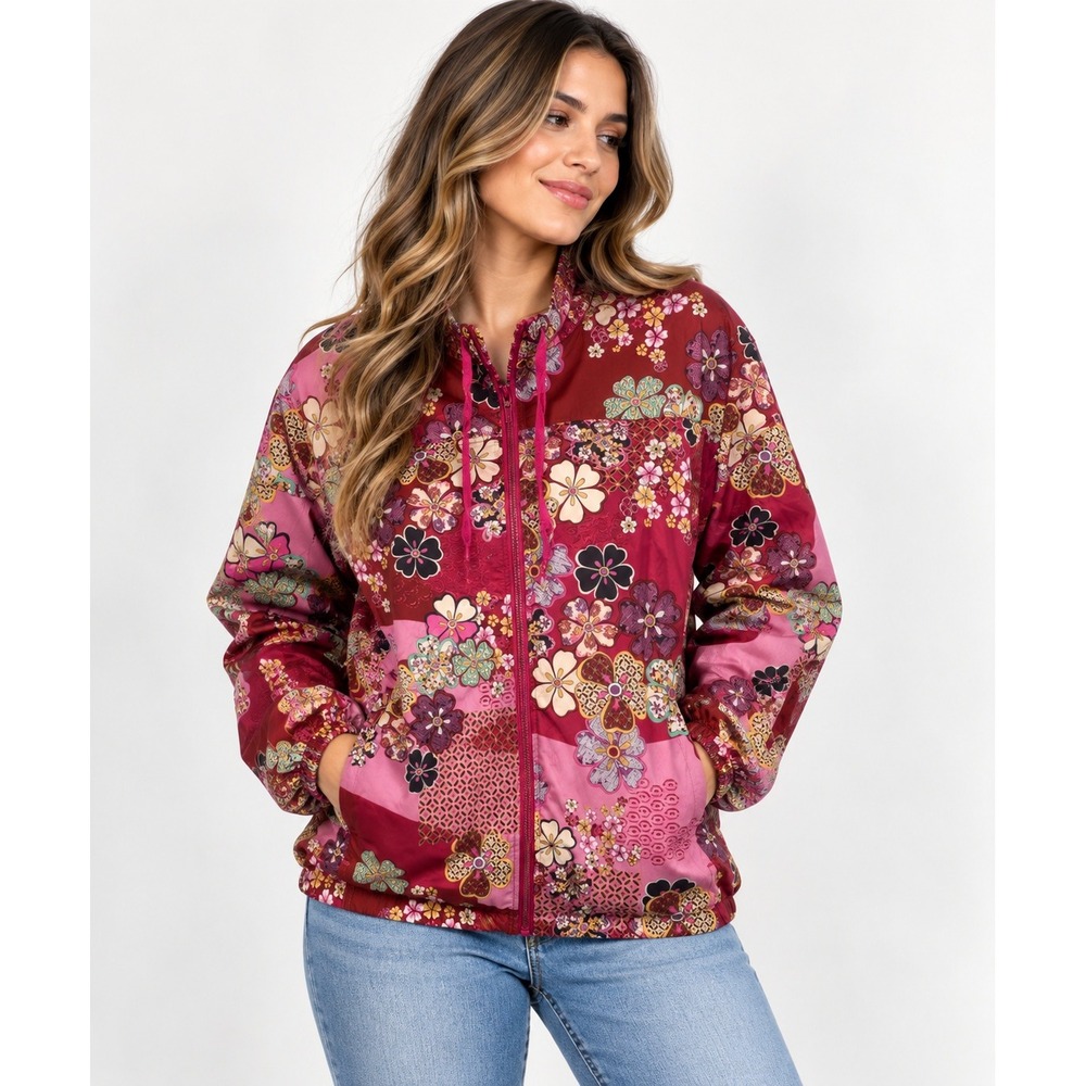 Johnny Was Bee Active Womens Yama Floral Patchwork Full Zip Jacket Size Large